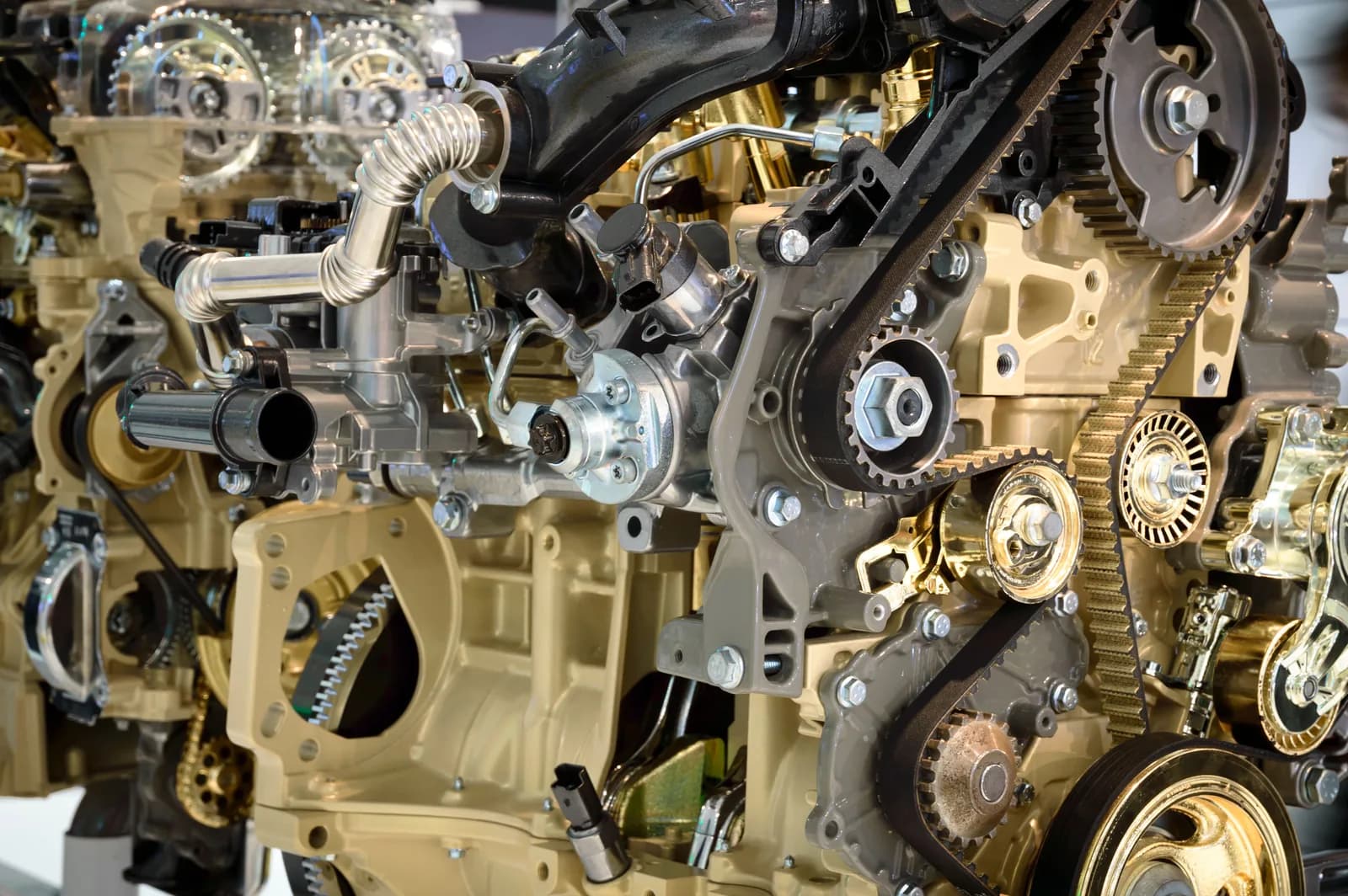 Close-up of an engine timing belt and pulleys